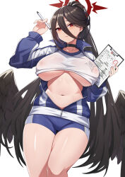 Rule 34 | 1girl, doodle sensei (blue archive), black choker, black hair, black wings, blue archive, blue pants, breasts, choker, collarbone, commentary, gym shirt, gym uniform, hair between eyes, halo, hasumi (blue archive), hasumi (track) (blue archive), holding, holding notebook, holding pen, huge breasts, jacket, long hair, looking at viewer, mole, mole under eye, navel, notebook, official alternate costume, open clothes, open jacket, pants, parted lips, pen, ponytail, red eyes, red halo, sensei (blue archive), shirt, simple background, solo, underboob, very long hair, vococo, white background, white shirt, wings