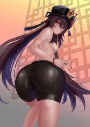 Rule 34 | 1girl, artist request, ass, bare shoulders, black hair, black nails, black shorts, blush, breasts, come hither, from behind, from below, genshin impact, hat, hat ornament, hu tao (genshin impact), huge ass, long hair, looking at viewer, looking down, nail polish, naughty face, nipples, red eyes, shiny clothes, shiny skin, short shorts, shorts, sideboob, small breasts, smile, solo, topless, twintails, very long hair