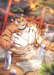 Rule 34 | 1boy, abs, absurdres, alcohol, architecture, bara, blue eyes, bottle, brown hair, choko (cup), cup, east asian architecture, feet out of frame, furry, furry male, gozu farm, hand on own face, highres, lamp, large pectorals, looking at viewer, male focus, manly, mature male, muscular, muscular male, night, night sky, nipples, nude, onsen, original, outdoors, pectorals, sake, sake bottle, short hair, sky, smile, solo, spiked hair, table, thick arms, thick eyebrows, tiger boy, tree, wet