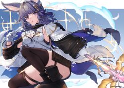 Rule 34 | 1girl, absurdres, animal ears, blush, boots, bracelet, breasts, cleavage, erune, gloves, granblue fantasy, guricoogen, hair ornament, highres, holding, holding staff, holding weapon, jewelry, medium breasts, open mouth, pouch, purple eyes, purple hair, solo, staff, thighhighs, tikoh, weapon, white gloves