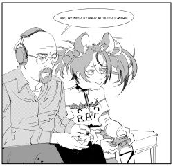 Rule 34 | 1boy, 1girl, absurdres, animal ears, bald, bare shoulders, beard, bed, breaking bad, collar, commentary, controller, crop top, crossover, dress shirt, english commentary, english text, facial hair, fortnite, glasses, greyscale, hakos baelz, headphones, highres, holding, holding controller, hololive, hololive english, jewelry, key, looking to the side, monochrome, mouse ears, mouse girl, multicolored hair, necklace, photo-referenced, playing games, shirt, sitting, speech bubble, spiked collar, spikes, twintails, virtual youtuber, walter white, xyanaid