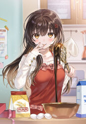 Rule 34 | 1girl, apron, blender (object), blush, brown hair, chocolate, commentary request, egg (food), fingernails, flour, food, hair ornament, hands up, highres, holding, holding whisk, indoors, kitchen, long hair, long sleeves, looking at viewer, milk carton, mixing bowl, nail polish, off-shoulder sweater, off shoulder, original, oven, oven mitts, pink nails, red apron, solo, sweater, tan (tangent), tasting, tongue, whisk, white sweater, yellow eyes