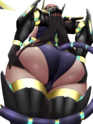 Rule 34 | 1girl, arm armor, armored leotard, ass, ass grab, black hair, breasts, dark-skinned female, dark skin, from behind, from below, goddess of victory: nikke, grabbing own ass, headgear, indivilia (nikke), large breasts, leg armor, long hair, mechanical tail, mommymilkers3k, solo, tail