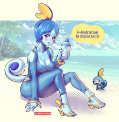 Rule 34 | 1girl, animal, blue eyes, blue hair, blush, breasts, cleavage, creatures (company), earrings, eyebrows, game freak, gen 8 pokemon, jewelry, large breasts, matching hair/eyes, nintendo, ocean, open mouth, pants, personification, pokemon, sand, shirt, short hair, sitting, sky, sobble, speech bubble, supersatanson, tail, text focus, tree, water