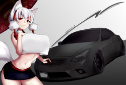 Rule 34 | 1girl, adapted costume, animal ear fluff, animal ears, bare shoulders, black skirt, breasts, closed mouth, contrapposto, cowboy shot, crop top, fang, fang out, grey background, hand on own chest, hand up, hat, highres, holding, holding umbrella, inubashiri momiji, large breasts, light smile, mamo murata, navel, nissan, nissan skyline, oil-paper umbrella, pom pom (clothes), red eyes, red hat, shirt, short hair, side slit, simple background, skin fang, skirt, solo, tassel, tokin hat, touhou, umbrella, white hair, white shirt, wolf ears