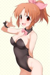 Rule 34 | 1girl, :d, abe nana, arched back, arm behind back, arm up, bare shoulders, blush, bow, bowtie, breasts, cleavage, cowboy shot, detached collar, embarrassed, hair bow, hatakenaka (kamagabuchi), highleg, highleg leotard, highres, idolmaster, idolmaster cinderella girls, leotard, long hair, looking at viewer, medium breasts, open mouth, orange hair, playboy bunny, polka dot, polka dot background, ponytail, red eyes, simple background, smile, solo, standing, sweatdrop, wavy mouth, wrist cuffs