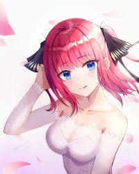 Rule 34 | 1girl, :p, absurdres, black ribbon, blue eyes, blunt bangs, blush, breasts, bride, butterfly hair ornament, cherry blossoms, cleavage, collarbone, dress, go-toubun no hanayome, hair ornament, highres, lace, lace trim, large breasts, looking at viewer, nakano nino, pink hair, raised eyebrows, ribbon, silverrain 72, simple background, smile, tongue, tongue out, twintails, wedding dress, white dress