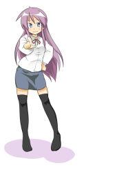 Rule 34 | 00s, 1girl, age difference, alternate hairstyle, blue eyes, casual, hiiragi kagami, hiiragi miki, long hair, lucky star, mother and daughter, pencil skirt, pointing, purple hair, shing (sorairo factory), skirt, solo, thighhighs, zettai ryouiki
