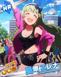 Rule 34 | 10s, 1girl, ^ ^, arm up, armpits, bare shoulders, beamed quavers, blue sky, breasts, card (medium), character name, cloud, dancing, day, earrings, closed eyes, green hair, idolmaster, idolmaster million live!, jewelry, medium breasts, musical note, navel, necklace, official art, open mouth, shimabara elena, shorts, sky, smile, solo focus, wristband