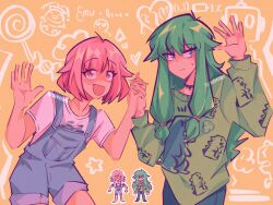 Rule 34 | 2girls, battery indicator, blue overalls, candy, closed mouth, dinosaur print, excited, food, green hair, heart, highres, holding hands, jacket, jester, kusanagi nene, light smile, lollipop, long hair, long sleeves, looking at viewer, low-tied sidelocks, multiple girls, ootori emu, open mouth, overalls, pink eyes, pink hair, pink shirt, project sekai, purple eyes, robot, shirt, short hair, short sleeves, shy, sidelocks, strawberoni, tareme, twitter username, two side up, yellow background, yuri