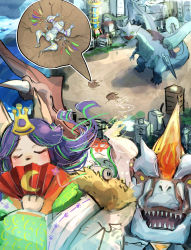 Rule 34 | 1boy, 1girl, 2others, building, closed eyes, dragon, duel monster, fairy tail luna, footprints, fox girl, furry, gameciel the sea turtle kaiju, gameplay mechanics, hand fan, hatano kiyoshi, herald of ultimateness, highres, japanese clothes, kaijuu, kimono, kyoutou waterfront, looking at viewer, magnification, multiple others, paw print, run over, scroll, turtle, yu-gi-oh!