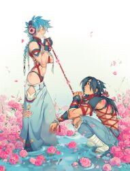 Rule 34 | 2boys, asarigg, baggy pants, bandages, beads, black hair, blue hair, braid, choker, denim, dramatical murder, flower, hair ornament, hair over shoulder, headphones, highres, jeans, koujaku, long hair, multiple boys, open mouth, pants, petals, ponytail, red eyes, scar, seragaki aoba, shibari, smile, squatting, tassel, tattoo, topless male, wading