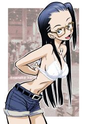 Rule 34 | 1girl, adjusting bra, adjusting clothes, artist name, black hair, blue eyes, blue hair, bra, breasts, character request, cleavage, denim, denim shorts, glasses, highres, large breasts, legs, long hair, looking at viewer, navel, open mouth, shorts, sideboob, smile, solo, thighs, underwear, very long hair