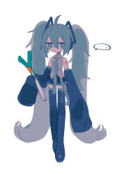 Rule 34 | ..., 1girl, ahoge, black footwear, blue eyes, blue hair, blue necktie, boots, collared shirt, commentary, detached sleeves, food, hatsune miku, highres, holding, holding food, holding spring onion, holding vegetable, htn nm, long hair, looking at viewer, necktie, shirt, sidelocks, simple background, sleeves past fingers, sleeves past wrists, solo, speech bubble, spoken ellipsis, spring onion, symbol-only commentary, thigh boots, vegetable, very long hair, vocaloid, white background, white shirt