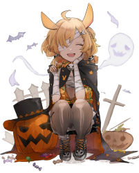 Rule 34 | ahoge, akebisousaku, animal ears, arknights, bandage over one eye, bandaged arm, bandages, bat (animal), black cloak, black legwear, blonde hair, braid, candy, cloak, commentary request, facing viewer, fence, food, ghost, hair ornament, hat, highres, holding, holding candy, holding food, jack-o&#039;-lantern, kroos (arknights), kroos (the mag) (arknights), official alternate costume, open mouth, sarashi, shoes, short twintails, simple background, skull hair ornament, smile, sneakers, squatting, tiptoes, tombstone, top hat, twintails, white background