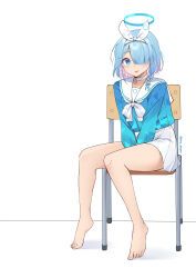 Rule 34 | 1girl, :p, absurdres, aqua hair, arona (blue archive), barefoot, blue archive, blue eyes, blue serafuku, braid, chair, collarbone, colored inner hair, commentary, hair ornament, hair over one eye, hairband, halo, highres, knees together feet apart, leaning forward, long bangs, long sleeves, looking at viewer, multicolored hair, pinepin, pleated skirt, school chair, school uniform, serafuku, short hair, sidelocks, simple background, single braid, sitting, skirt, solo, toes, tongue, tongue out, two-tone hair, v arms, white background, white skirt