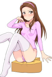 Rule 34 | 1girl, blush, breasts, brown hair, collarbone, covered erect nipples, hairband, highres, idolmaster, idolmaster (classic), leotard, long hair, looking at viewer, minase iori, sitting, small breasts, smile, solo, thighhighs, tsurui