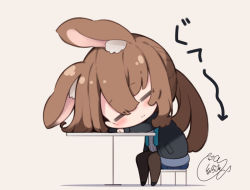 Rule 34 | 1girl, :i, amiya (arknights), animal ear fluff, animal ears, arknights, beni shake, black footwear, black jacket, blouse, blue skirt, blush, brown background, brown hair, brown pantyhose, chibi, closed eyes, closed mouth, commentary request, female focus, full body, hair between eyes, jacket, long hair, open clothes, open jacket, pantyhose, pleated skirt, ponytail, rabbit ears, shirt, shoes, signature, simple background, sitting, skirt, solo, translation request, very long hair, white shirt