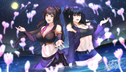 Rule 34 | 2girls, :d, absurdres, bare shoulders, black hair, breasts, character request, cleavage, detached sleeves, flower, full moon, fur trim, hair ribbon, highres, jacket, kono subarashii sekai ni shukufuku wo!, large breasts, looking up, moon, multiple girls, navel, nez-box, night, night sky, open clothes, open fly, open jacket, open mouth, ponytail, red eyes, reiroukan misaya, ribbon, sarong, short shorts, shorts, sky, smile, sports bra, star (sky), starry sky, wading