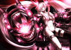 Rule 34 | 10s, 1girl, abyssal ship, aiming, aiming at viewer, breasts, breasts apart, cannon, collarbone, enriend, glowing, glowing eyes, hair censor, hair over one eye, kantai collection, large breasts, long hair, looking at viewer, navel, pale skin, parted lips, red eyes, single thighhigh, smile, solo, southern ocean war princess, thigh strap, thighhighs, topless, turret, twintails, very long hair, white hair