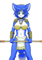 Rule 34 | 1girl, blue hair, krystal, nintendo, simple background, solo, staff, star fox