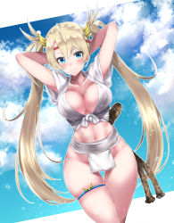 Rule 34 | &gt;:), 1girl, arms behind head, arms up, bare hips, blonde hair, blue eyes, blue sky, blush, bradamante (fate), breasts, cleavage, closed mouth, cloud, commentary request, day, dutch angle, fate/grand order, fate (series), fundoshi, groin, headband, highres, japanese clothes, large breasts, long hair, mizu happi, navel, outdoors, pelvic curtain, rope, shirt, short sleeves, sky, smile, smug, solo, sweat, tango (tn500), thigh gap, thigh strap, tied shirt, twintails, very long hair, wet, wide hips