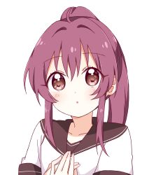 Rule 34 | 1girl, :o, ahoge, blush, collarbone, commentary, hair between eyes, hands on own chest, hands up, highres, long hair, looking at viewer, mesushio, nanamori school uniform, own hands together, ponytail, purple eyes, purple hair, school uniform, shirt, simple background, solo, sugiura ayano, upper body, white background, white shirt, yuru yuri