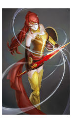 Rule 34 | 1girl, boots, breasts, cleavage, crossing, elbow gloves, closed eyes, gloves, highres, polearm, ponytail, pyrrha nikos, red hair, rwby, shield, solo, spear, thigh boots, thighhighs, thighs, weapon