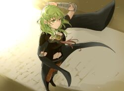 Rule 34 | 1girl, arm behind back, armor, black armor, black cape, black shorts, brown pantyhose, byleth (female) (fire emblem), byleth (fire emblem), cape, closed mouth, commentary, enlightened byleth (female), fire emblem, fire emblem: three houses, floating hair, green eyes, green hair, hair between eyes, hand on own head, long hair, navel, nintendo, pantyhose, robaco, shorts, solo, sunlight, symbol-only commentary