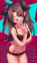 Rule 34 | 1girl, ;), bare arms, bare shoulders, bespectacled, black bra, black ribbon, blue eyes, blue nails, blush, bra, breasts, brown hair, character name, cleavage, closed mouth, collarbone, commentary request, copyright name, cowboy shot, fate/stay night, fate (series), glasses, hair ribbon, head tilt, lace, lace-trimmed bra, lace-trimmed panties, lace trim, lingerie, long hair, looking at viewer, makeup, medium breasts, nail polish, navel, one eye closed, panties, parted bangs, red-framed eyewear, red lips, red panties, ribbon, rotix, semi-rimless eyewear, smile, solo, tohsaka rin, two side up, under-rim eyewear, underwear, underwear only