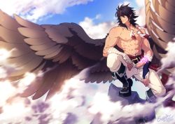 Rule 34 | 1boy, abs, bara, black hair, censored, cloud, cloudy sky, crescentia fortuna, erection, feather necklace, feathered wings, fire emblem, fire emblem: radiant dawn, full body, large pectorals, leather, leather pants, looking to the side, male focus, medium hair, muscular, muscular male, navel, nintendo, nipples, open pants, pants, pectorals, penis, pointy ears, topless male, sidelocks, sky, solo, sparkle, spread wings, squatting, stomach, tibarn (fire emblem), veins, veiny penis, white pants, wings, yellow eyes