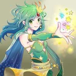 Rule 34 | 1girl, aged up, breasts, cape, closed mouth, dated, detached sleeves, earrings, final fantasy, final fantasy iv, green eyes, green hair, hair ornament, highres, jewelry, long hair, looking at viewer, ring, rydia (ff4), simple background, smile, solo