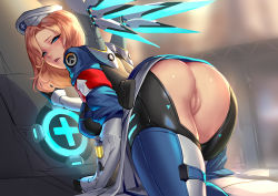 Rule 34 | 1girl, adapted costume, ass, bent over, blonde hair, blue eyes, cian yo, cleft of venus, from behind, hat, looking at viewer, looking back, mechanical wings, mercy (overwatch), overwatch, overwatch 1, parted lips, pussy, solo, uncensored, wings