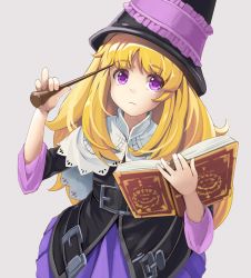 Rule 34 | 1girl, black hat, black jacket, blonde hair, book, capelet, closed mouth, commentary request, frilled skirt, frills, grey background, grimgrimoire, hands up, hat, holding, holding book, holding wand, jacket, lillet blan, long hair, long sleeves, looking at viewer, open book, purple eyes, purple skirt, simple background, skirt, solo, very long hair, wand, wapokichi, white capelet, wide sleeves