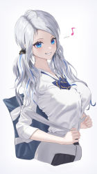 Rule 34 | ahoge, bad id, bad pixiv id, bag, black skirt, blue eyes, blue hair, blurry, bow, bowtie, breasts, clothes around waist, collarbone, collared shirt, cropped legs, depth of field, dress shirt, eyeshadow, fang, from side, grey hair, grin, gyaru, highres, jk-chan (kingudejii), kogal, large breasts, light blush, long hair, long sleeves, looking at viewer, loose bowtie, makeup, multicolored hair, musical note, original, parted hair, renge (730), school bag, school uniform, shirt, shirt tucked in, sidelocks, simple background, skirt, sleeves rolled up, smile, spoken musical note, streaked hair, striped bow, striped bowtie, striped clothes, sweater, sweater around waist, swept bangs, tsurime, twintails, uniform, wavy hair, white background, white hair, white shirt