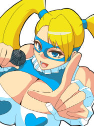 Rule 34 | 1girl, blonde hair, blue eyes, breasts, capcom, cleavage, domino mask, heart, heart print, highres, huge breasts, mask, microphone, rainbow mika, solo, street fighter, street fighter zero (series), twintails, upper body, varbecrank, wrestling outfit