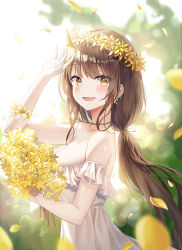 Rule 34 | 1girl, :d, arm up, bare shoulders, blurry, bouquet, breasts, brown hair, caba (caba091), choker, cleavage, depth of field, dress, earrings, falling leaves, flower, from side, green choker, head wreath, holding, jewelry, leaf, long hair, looking at viewer, low ponytail, medium breasts, open mouth, original, smile, solo, strapless, strapless dress, sundress, upper body, very long hair, white dress, yellow eyes, yellow flower