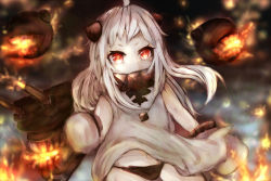 Rule 34 | 10s, 1girl, abyssal ship, ahoge, ai-p, black panties, colored skin, fire, highres, horns, kantai collection, long hair, looking at viewer, mittens, monster, navel, northern ocean princess, open mouth, pale skin, panties, red eyes, smoke, solo, turret, underwear, white hair, white mittens, white skin