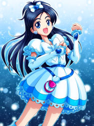 Rule 34 | 00s, 1girl, arm warmers, bag, blue background, blue eyes, blue hair, boots, bow, cure white, dress, earrings, frills, futari wa precure, hair ribbon, half updo, heart, highres, jewelry, knee boots, long hair, magical girl, matching hair/eyes, mimimix, open mouth, outstretched arms, petticoat, precure, ribbon, smile, solo, white bow, white dress, yukishiro honoka