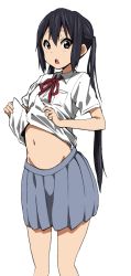 Rule 34 | 1girl, bad id, bad pixiv id, belly, black hair, clothes lift, dress shirt, k-on!, long hair, looking at viewer, nakano azusa, navel, open mouth, pleated skirt, ribbon, school uniform, shirt, shirt lift, simple background, skirt, solo, standing, twintails, watanore, white background