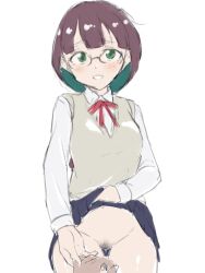 Rule 34 | 1boy, 1girl, 9rimson, assertive female, black hair, blush, breasts, clothes lift, do it yourself!!, glasses, green eyes, guiding hand, highres, hikage takumi, holding hands, lifting own clothes, looking at viewer, no panties, pov, school uniform, simple background, skirt, skirt lift, small breasts, smile, white background