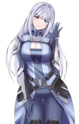 Rule 34 | 1girl, absurdres, armor, blue eyes, breasts, cleavage, cleavage cutout, clothing cutout, ethel (xenoblade), gloves, heterochromia, highres, langspower, large breasts, long hair, looking at viewer, red eyes, shoulder armor, solo, standing, vambraces, very long hair, white background, xenoblade chronicles (series), xenoblade chronicles 3