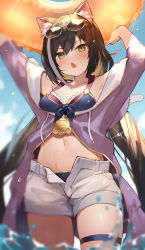 Rule 34 | 1girl, amagasa yun, animal ear fluff, animal ears, arms up, bikini, black hair, blush, bridal garter, cat ears, cat girl, cat tail, commentary request, eyewear on head, fang, green eyes, highres, karyl (princess connect!), karyl (summer) (princess connect!), long hair, looking at viewer, low twintails, multicolored hair, navel, open mouth, princess connect!, shorts, solo, streaked hair, sunglasses, swimsuit, tail, thigh strap, thighs, twintails, wet, white hair, white shorts