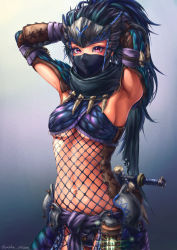 Rule 34 | 1girl, absurdres, armor, armpits, arms behind head, arms up, black hair, blue hair, breasts, covered mouth, dagger, eyelashes, fishnet top, fishnets, forehead protector, green hair, highres, huge filesize, knife, lantern, long hair, looking at viewer, mask, medium breasts, monster hunter (series), mouth mask, multicolored hair, nargacuga (armor), navel, red eyes, scarf, solo, standing, underboob, weapon, yusaku jacksana