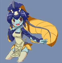 Rule 34 | 1girl, apron, blue hair, blue skin, blush, breasts, colored sclera, colored skin, fins, fish girl, hair ornament, head fins, headdress, minette (skullgirls), monster girl, nikukabe, open mouth, pink eyes, seashell, shell, skullgirls, smile, solo, thighhighs, white thighhighs, yellow sclera