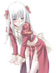 Rule 34 | 1girl, arm support, blush, bow, cross, garter belt, garter straps, hair bow, high priest (ragnarok online), leaning forward, lingerie, long hair, nyaou, open mouth, priestess, puffy sleeves, ragnarok online, robe, sash, simple background, solo, thighhighs, underwear, very long hair, white background, white hair, white thighhighs