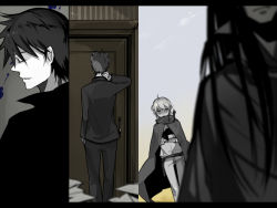 Rule 34 | 1girl, 3boys, bad id, bad pixiv id, black hair, cape, cleo everlastin, door, formal, from behind, from side, jan (12885), keith royal, long sleeves, looking at viewer, majutsushi orphen, multiple boys, orphen, pants, profile, scratching head, short hair, split, standing, suit, uniform, upper body, uys els ito egum ed gorgon