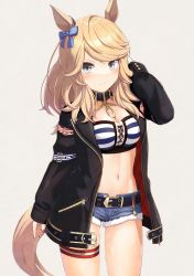 Rule 34 | 1girl, absurdres, animal ears, arm up, bandeau, belt, black belt, black choker, blonde hair, blue eyes, blue nails, blush, bow, breasts, chain, choker, cleavage, closed mouth, collarbone, commentary, cowboy shot, cutoffs, denim, denim shorts, ear bow, ear covers, ear ornament, eyebrows hidden by hair, gloves, gold chain, gold city (umamusume), groin, haiyuki yuki, highres, horse ears, horse girl, horse tail, jacket, long hair, long sleeves, looking at viewer, medium breasts, midriff, multicolored nails, nail polish, navel, open clothes, open jacket, red nails, shorts, sidelocks, simple background, single ear cover, single glove, skindentation, smile, solo, standing, striped bandeau, swept bangs, tail, thigh strap, umamusume, white background, white gloves