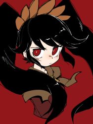 Rule 34 | 1girl, ashley (warioware), black hair, bright pupils, closed mouth, cropped torso, hairband, highres, lakilolom, long hair, nintendo, orange hairband, red background, red eyes, simple background, skull, solo, twintails, warioware, white pupils