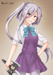 Rule 34 | 1girl, ahoge, anti (untea9), asashimo (kancolle), bow, bowtie, brown background, commentary request, cowboy shot, dress, gradient background, gradient hair, grey eyes, grey pantyhose, grin, hair between eyes, halterneck, highres, holding, holding sword, holding weapon, kantai collection, long hair, looking at viewer, multicolored hair, pantyhose, pleated dress, ponytail, purple dress, rance (series), school uniform, shirt, silver hair, smile, solo, sword, twitter username, weapon, white shirt